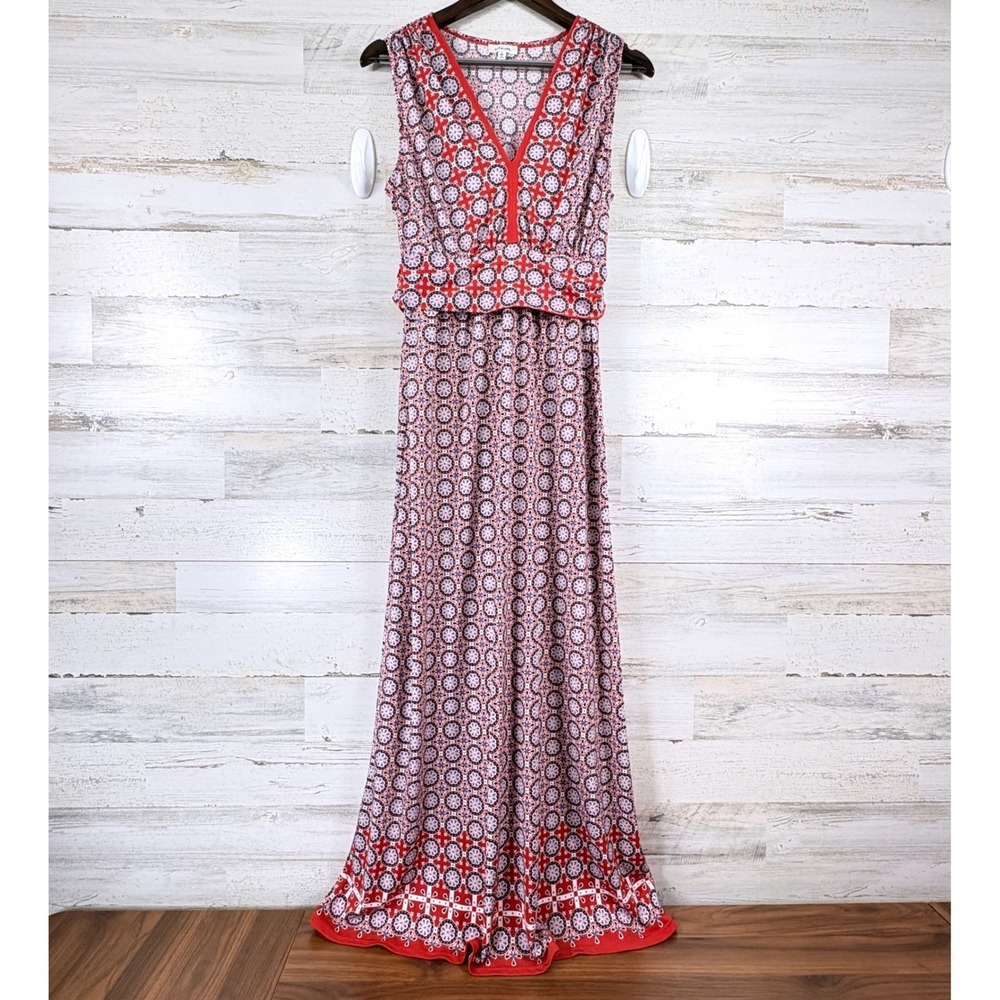 Max Studio Red and White Geometric Print Maxi Dress